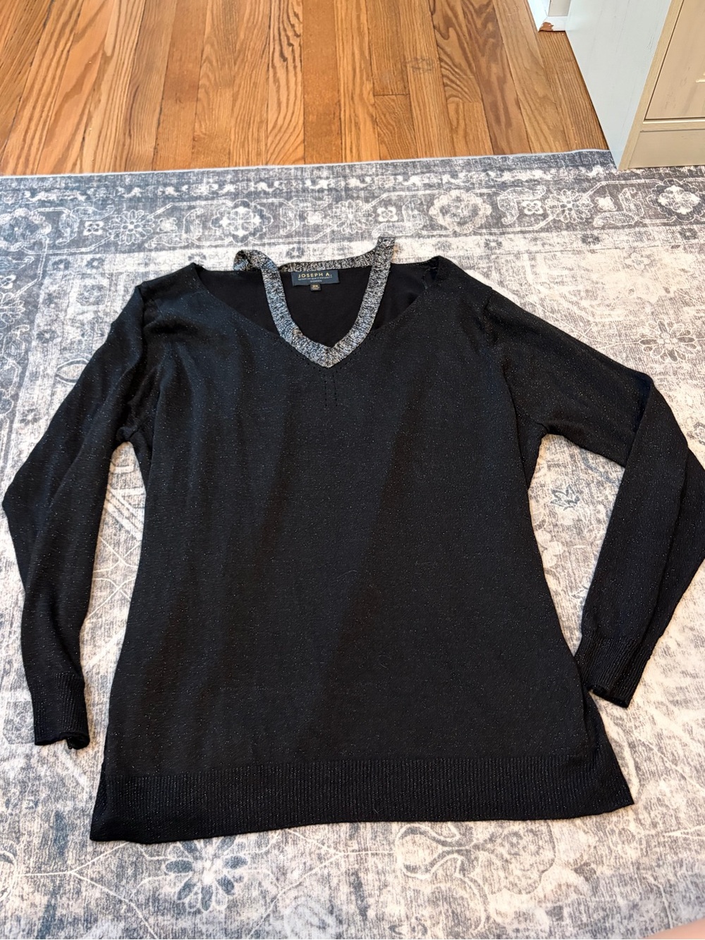 Joseph A Black V-Neck Sweater with Metallic Silver Trim